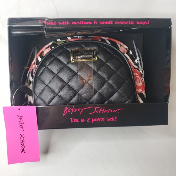 Betsey Johnson Cosmetic Bag Set 2-PC Dome Shape Black Striped Roses NEW - Picture 1 of 10